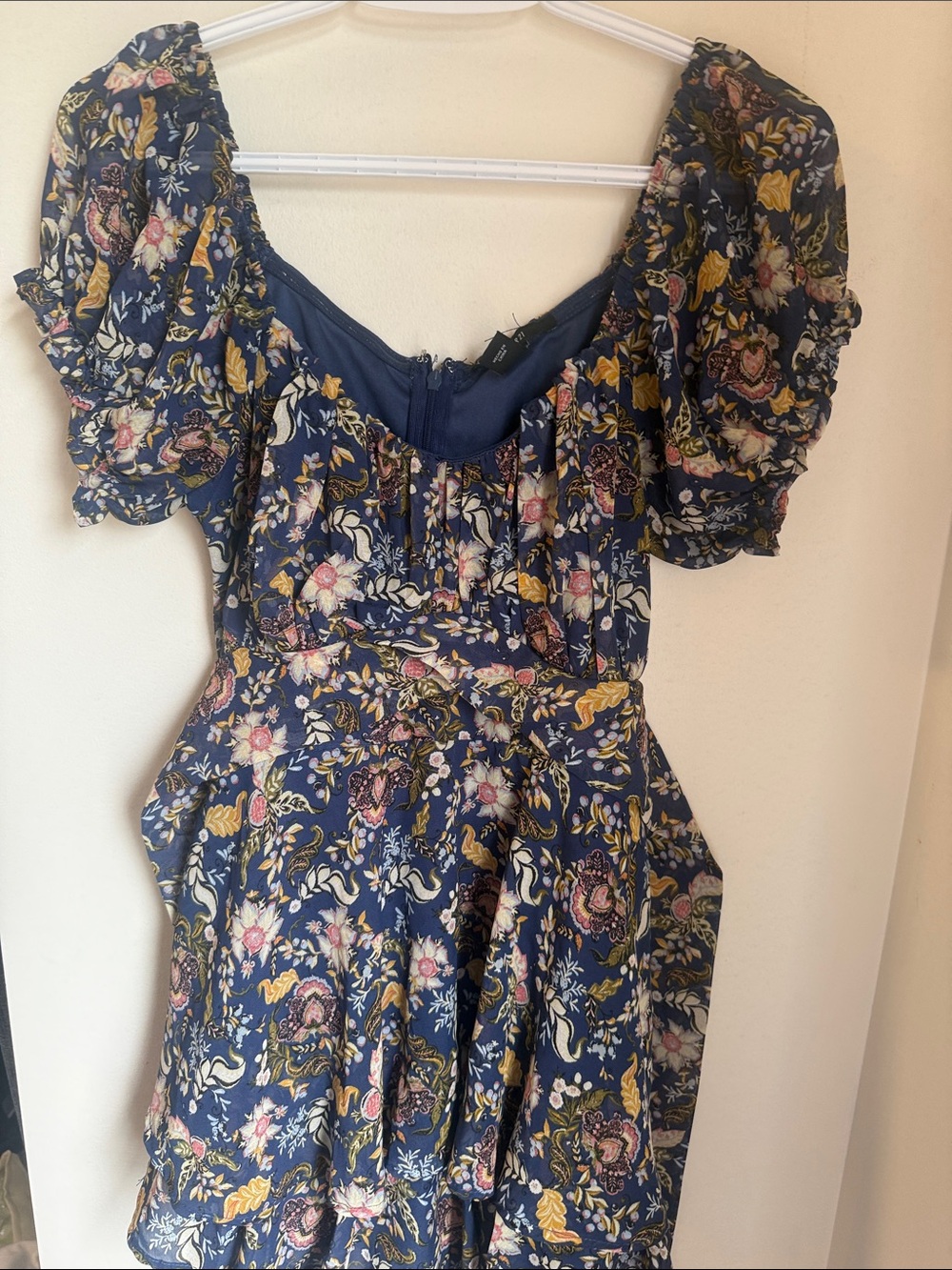 Forever 21 Navy Floral Puff Sleeve Mini Dress | Cottagecore Tie Waist